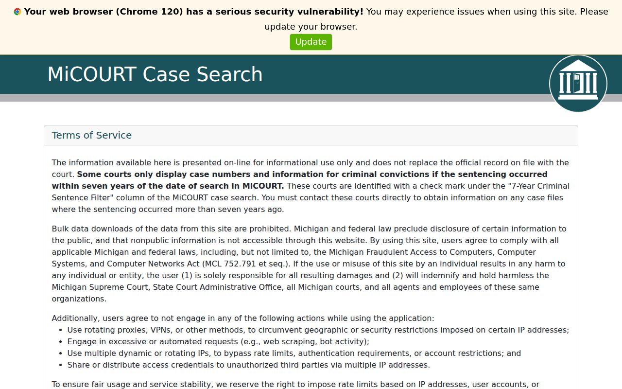 Roscommon County warrant search: MiCOURT public case search page
