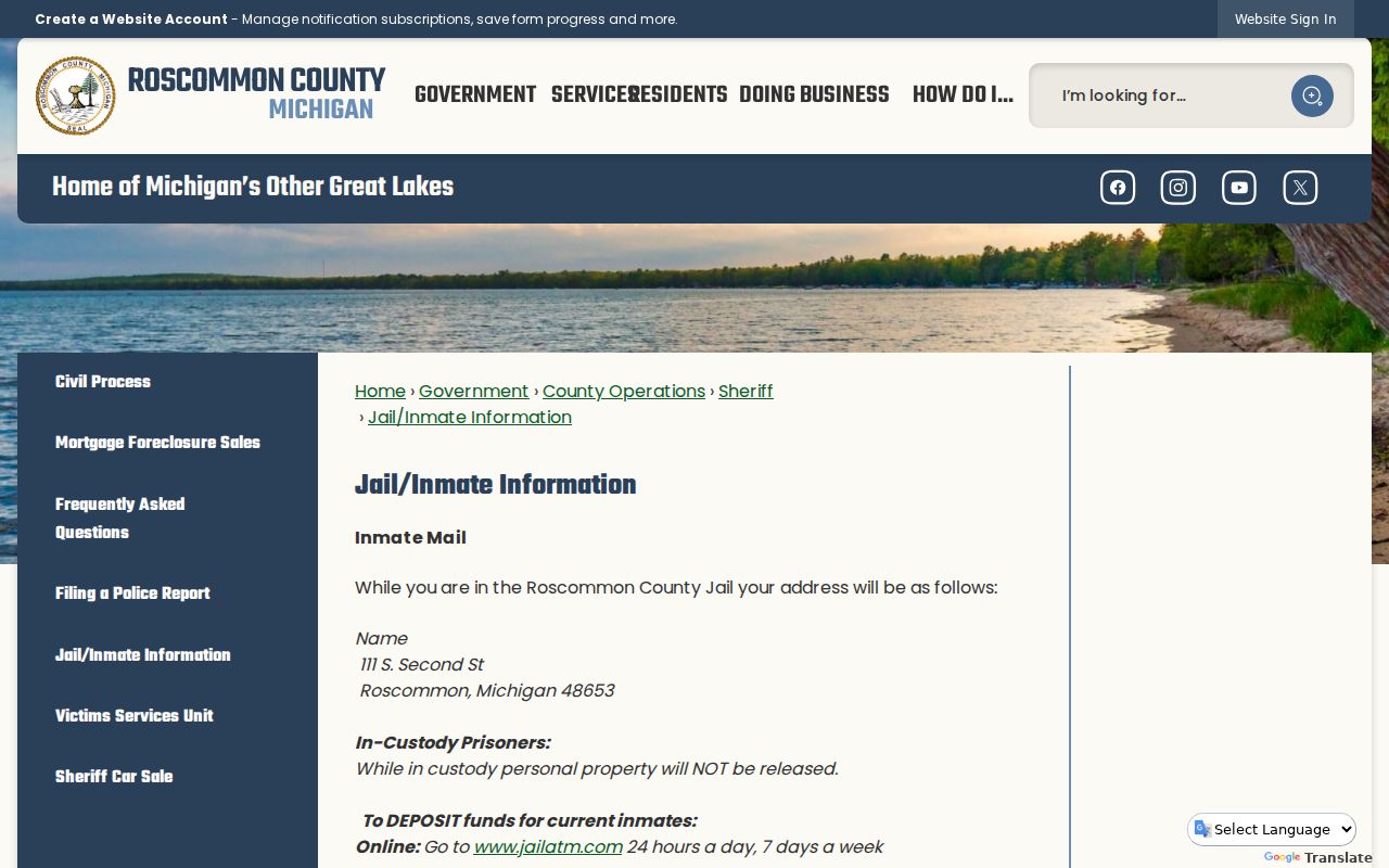 Roscommon County active warrants: jail mail, funds, and visitation page