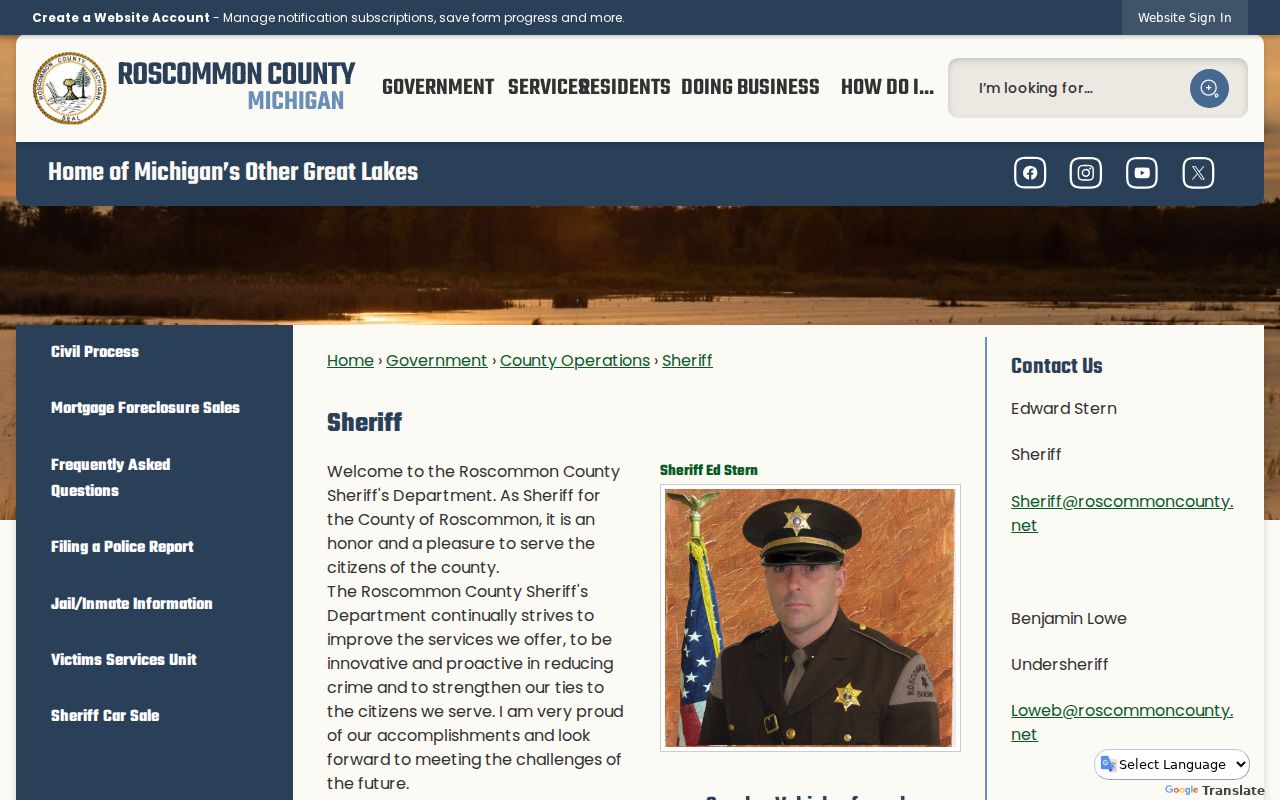 Roscommon County warrant records: sheriff's office contact page